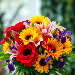 A beautifully arranged bouquet of colorful flowers, featuring vivid red roses, bright yellow sunflowers, delicate pink lilies, and deep purple irises, all artfully mixed together