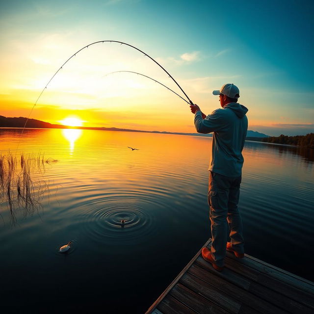 A dynamic scene depicting a person casting a fishing rod into a serene lake during sunset