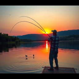 A dynamic scene depicting a person casting a fishing rod into a serene lake during sunset