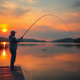 A dynamic scene depicting a person casting a fishing rod into a serene lake during sunset