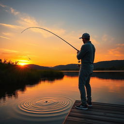 A dynamic scene depicting a person casting a fishing rod into a serene lake during sunset