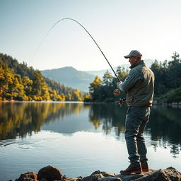 A captivating scene of a fisherman executing a precise cast of a lead weight with a fishing rod into a calm lake