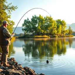 A captivating scene of a fisherman executing a precise cast of a lead weight with a fishing rod into a calm lake