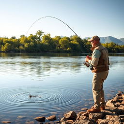 A captivating scene of a fisherman executing a precise cast of a lead weight with a fishing rod into a calm lake