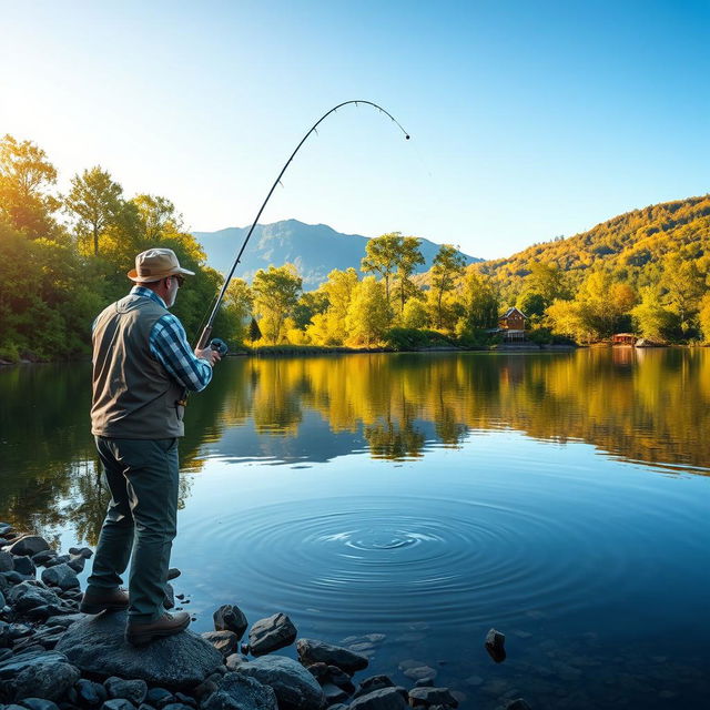 A captivating scene of a fisherman executing a precise cast of a lead weight with a fishing rod into a calm lake