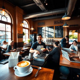 A warm and inviting coffee shop interior, with cozy lighting, wooden tables, and patrons enjoying their drinks