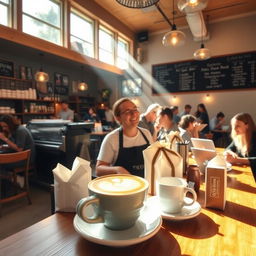 A warm and inviting coffee shop interior, with cozy lighting, wooden tables, and patrons enjoying their drinks