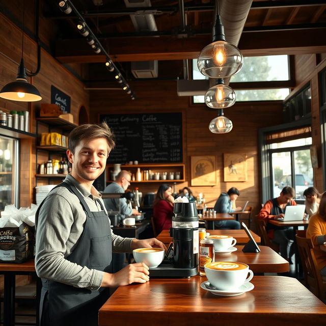 A warm and inviting coffee shop interior, with cozy lighting, wooden tables, and patrons enjoying their drinks