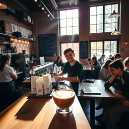 A warm and inviting coffee shop interior, with cozy lighting, wooden tables, and patrons enjoying their drinks