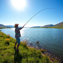 An exciting moment of a fisherman energetically launching a fishing rod into a picturesque lake