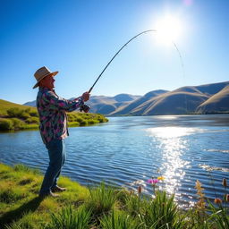 An exciting moment of a fisherman energetically launching a fishing rod into a picturesque lake