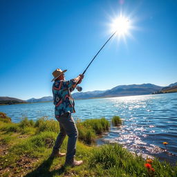 An exciting moment of a fisherman energetically launching a fishing rod into a picturesque lake