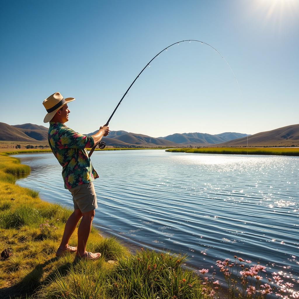 An exciting moment of a fisherman energetically launching a fishing rod into a picturesque lake