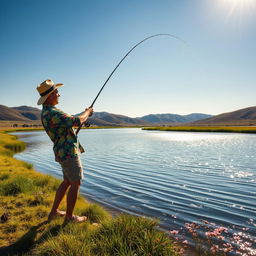 An exciting moment of a fisherman energetically launching a fishing rod into a picturesque lake