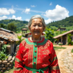 An elderly woman wearing a vibrant red and green traditional local dress, adorned with intricate patterns and cultural motifs
