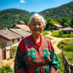 An elderly woman wearing a vibrant red and green traditional local dress, adorned with intricate patterns and cultural motifs