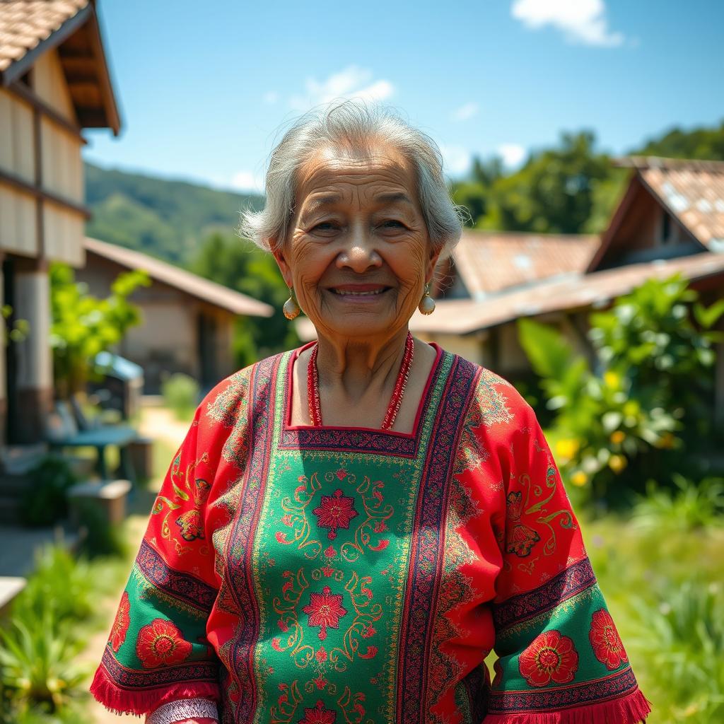 An elderly woman wearing a vibrant red and green traditional local dress, adorned with intricate patterns and cultural motifs