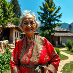 An elderly woman wearing a vibrant red and green traditional local dress, adorned with intricate patterns and cultural motifs