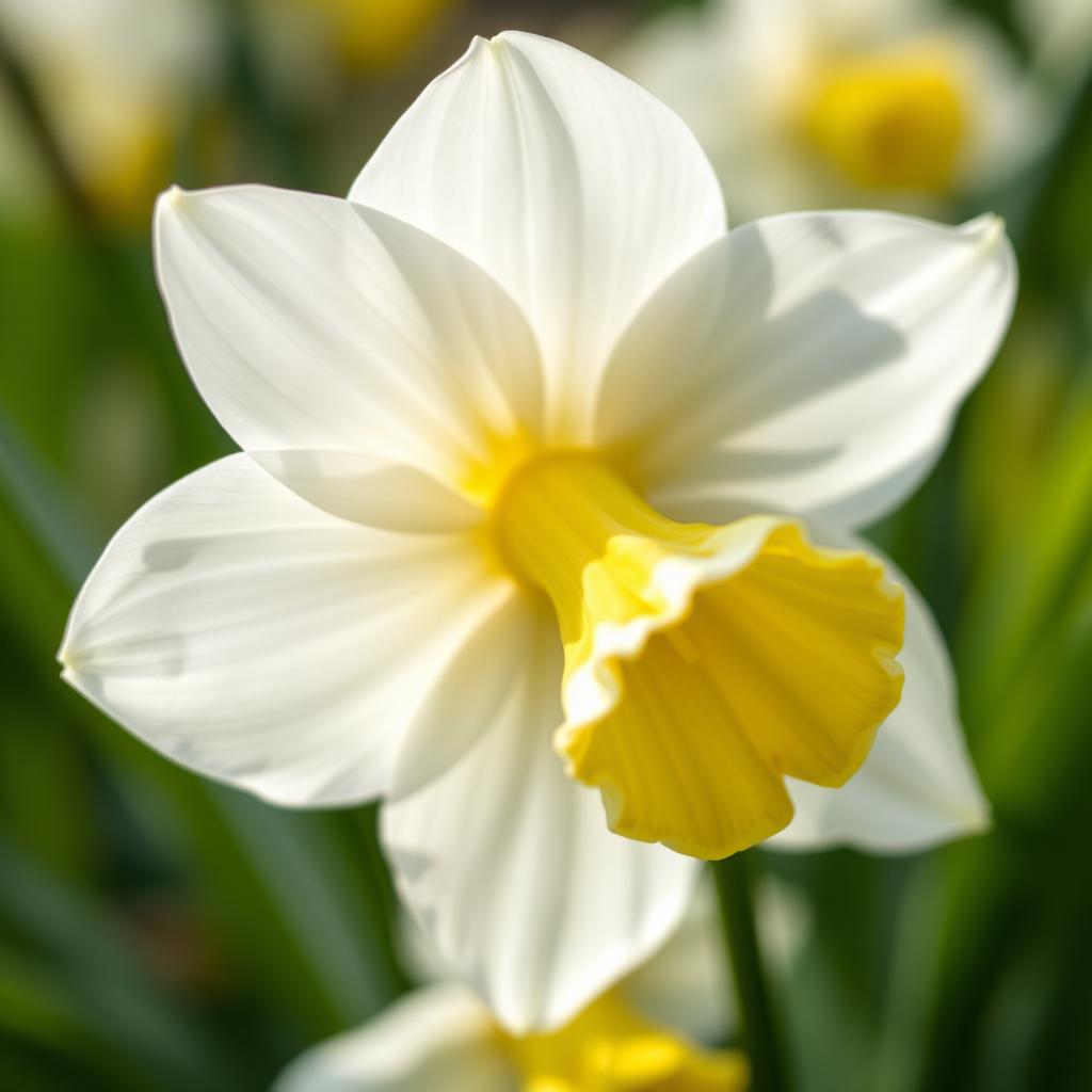 A stunning close-up of a narcissus flower, showcasing its beautiful white petals and distinctive yellow trumpet shape in full bloom