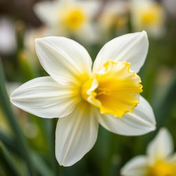 A stunning close-up of a narcissus flower, showcasing its beautiful white petals and distinctive yellow trumpet shape in full bloom
