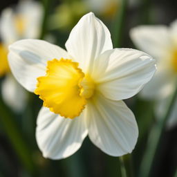 A stunning close-up of a narcissus flower, showcasing its beautiful white petals and distinctive yellow trumpet shape in full bloom