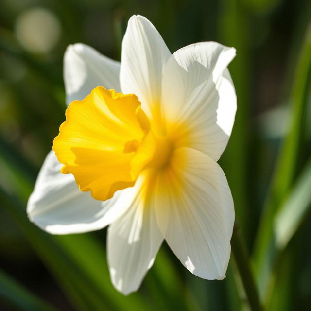 A stunning close-up of a narcissus flower, showcasing its beautiful white petals and distinctive yellow trumpet shape in full bloom