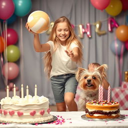 A cheerful birthday scene featuring a European girl with long blonde hair, around 14 years old, playfully engaging in volleyball
