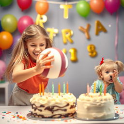 A cheerful birthday scene featuring a European girl with long blonde hair, around 14 years old, playfully engaging in volleyball