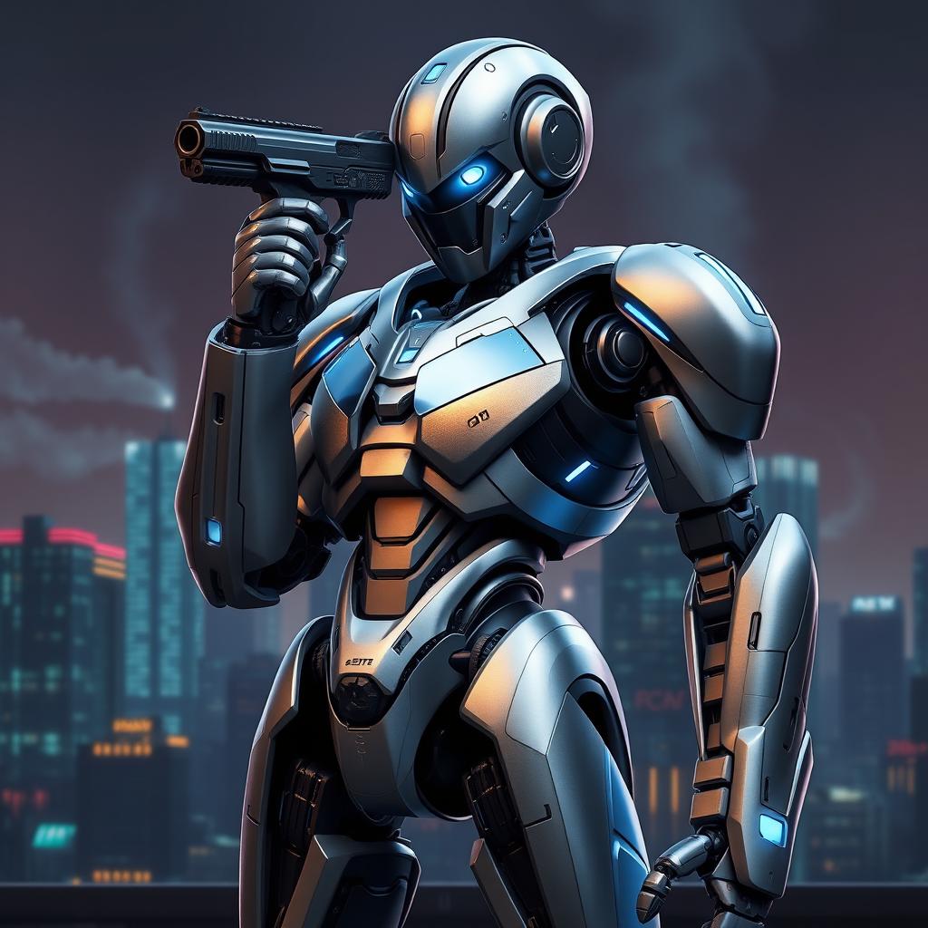 A futuristic robot standing in a dynamic pose, with a sleek metallic design and glowing blue accents