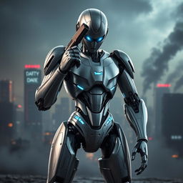 A futuristic robot standing in a dynamic pose, with a sleek metallic design and glowing blue accents