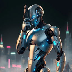 A futuristic robot standing in a dynamic pose, with a sleek metallic design and glowing blue accents