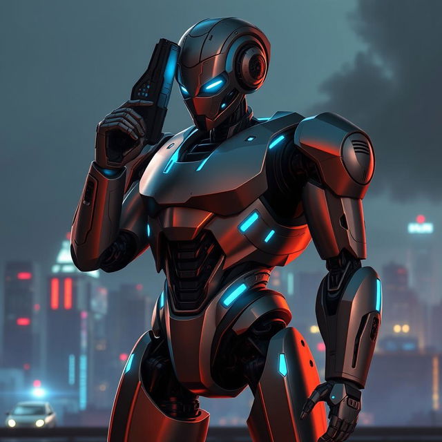 A futuristic robot standing in a dynamic pose, with a sleek metallic design and glowing blue accents