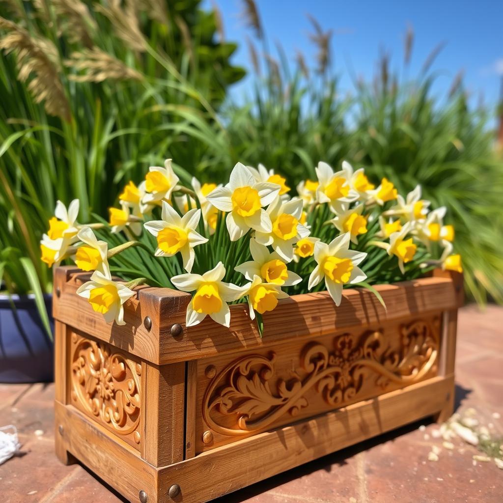 A beautifully designed wooden flower box filled with blooming narcissus flowers