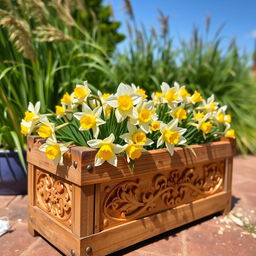 A beautifully designed wooden flower box filled with blooming narcissus flowers