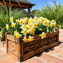 A beautifully designed wooden flower box filled with blooming narcissus flowers