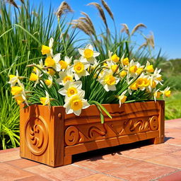 A beautifully designed wooden flower box filled with blooming narcissus flowers