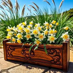 A beautifully designed wooden flower box filled with blooming narcissus flowers