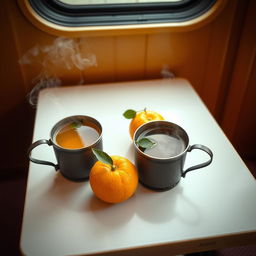 A simple yet charming table set inside a train compartment, adorned with two iron cups filled with steaming tea