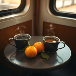 A simple yet charming table set inside a train compartment, adorned with two iron cups filled with steaming tea
