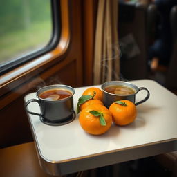 A simple yet charming table set inside a train compartment, adorned with two iron cups filled with steaming tea