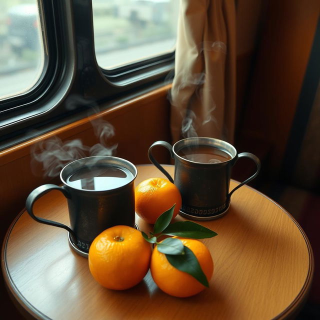 A simple yet charming table set inside a train compartment, adorned with two iron cups filled with steaming tea