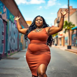 A confident and curvy plus-sized woman standing in an empowering pose, wearing a stylish, form-fitting dress that accentuates her curves