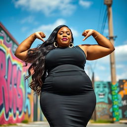 A confident and curvy plus-sized woman standing in an empowering pose, wearing a stylish, form-fitting dress that accentuates her curves