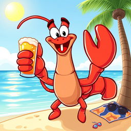 A fun and colorful cartoon lobster holding a beer in its claw, with a big smile and joyful expression