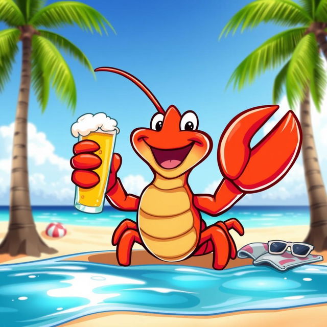 A fun and colorful cartoon lobster holding a beer in its claw, with a big smile and joyful expression