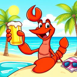 A fun and colorful cartoon lobster holding a beer in its claw, with a big smile and joyful expression