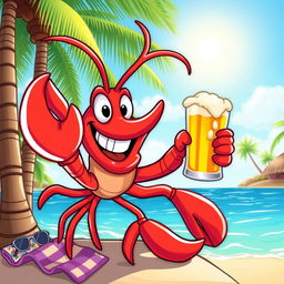 A fun and colorful cartoon lobster holding a beer in its claw, with a big smile and joyful expression