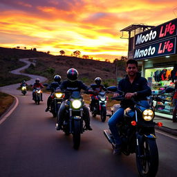 A picturesque scene of several bikers riding powerful motorcycles along a winding hilly road at dusk, the sky painted in vibrant shades of orange and purple