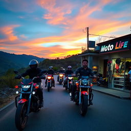 A picturesque scene of several bikers riding powerful motorcycles along a winding hilly road at dusk, the sky painted in vibrant shades of orange and purple