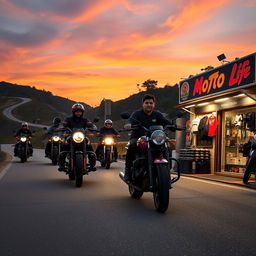 A picturesque scene of several bikers riding powerful motorcycles along a winding hilly road at dusk, the sky painted in vibrant shades of orange and purple